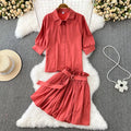 Fashion Suit Casual Lapel Single-breasted Three-quarter Sleeve Shirt Two-piece High Waist Pleated Skirt Short Skirt Suit