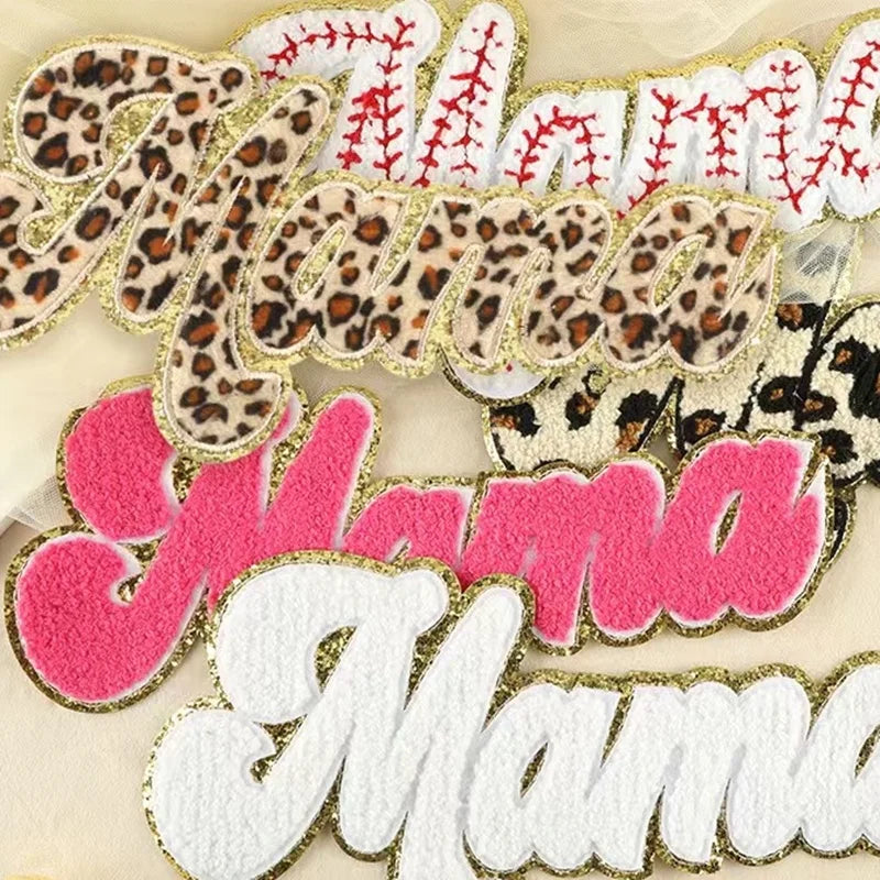New Large Size Mama Chenille Patch Iron on Embroidery Iron on Patches Love Letter Chenille Leopard Chenille Patches Mama