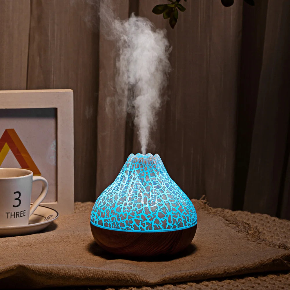 Colorful Lamp Wood Grain Volcano Mini Humidifier USB Personal Desktop Cool Mist Air Humidifier With 7 Colors LED Lights