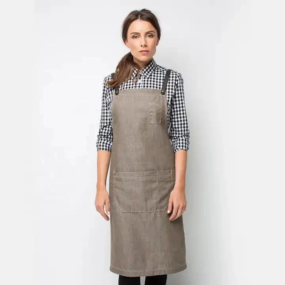 Custom Khaki Chef Apron Fashion Print Cotton Linen Kitchen Server Bib Embroidered Logo Customized Use for Cleaning