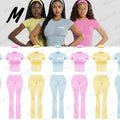 Custom Logo 2 Piece Set Clothing Spring Color Wide Leggings Flared Pants Top T Shirt Loungewear Set Women Tall Girl Friendly