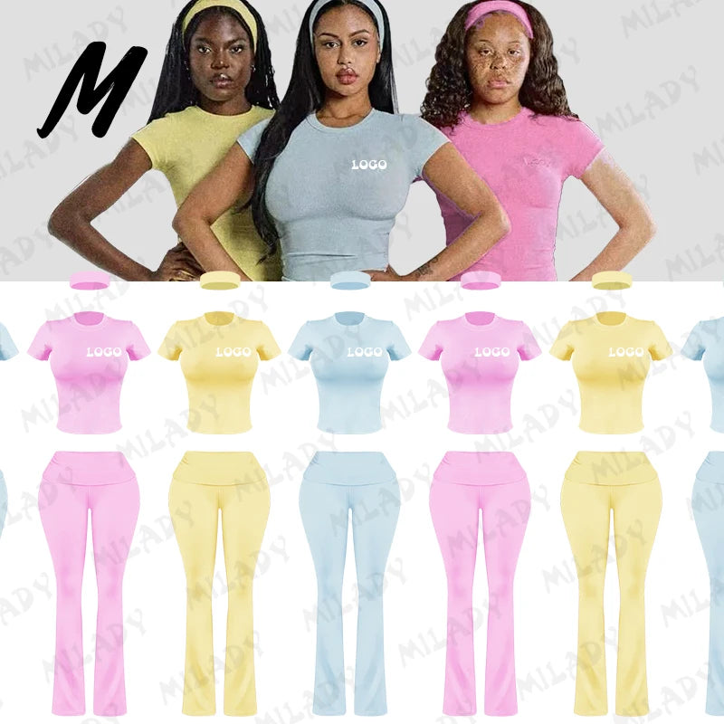 Custom Logo 2 Piece Set Clothing Spring Color Wide Leggings Flared Pants Top T Shirt Loungewear Set Women Tall Girl Friendly