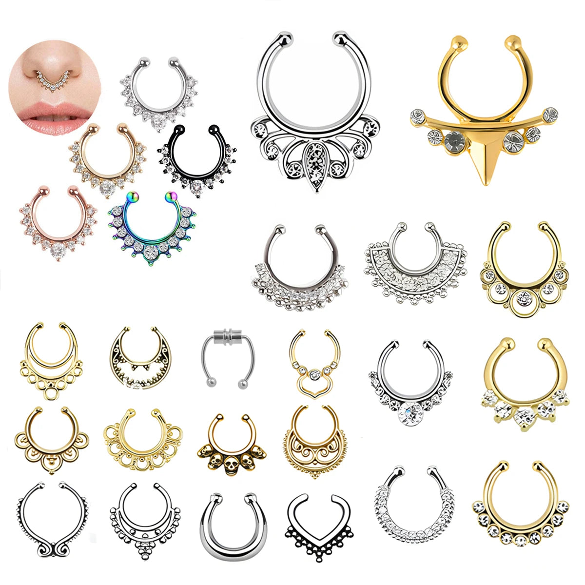 Indian Faux Crystal Nose Ring Hoop Non-Pierced Segment Rings Clip on Fake Nose Rings Cuff for Women Men Girls