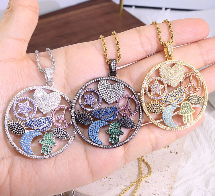 NZ1442 18K Gold Plated Diamond Cz Paved Assorted Heart Star Evil Eyes Peace Sign Moon Wing Magical Lucky Symbol Amulet Necklace