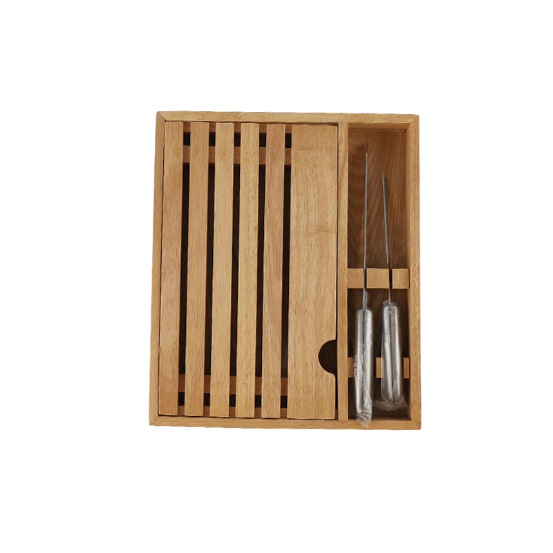 Wood Bread Board with Bread Knife and Crumb Catcher Bread Serving Tray for Kitchen Cutting Board