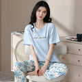 Women's Viscose Jersey Casual Pajamas Set Elastic Waist Summer Spring Short Sleeve Long Pants Sleepwear Breathable Customized