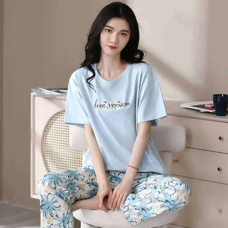 Women's Viscose Jersey Casual Pajamas Set Elastic Waist Summer Spring Short Sleeve Long Pants Sleepwear Breathable Customized
