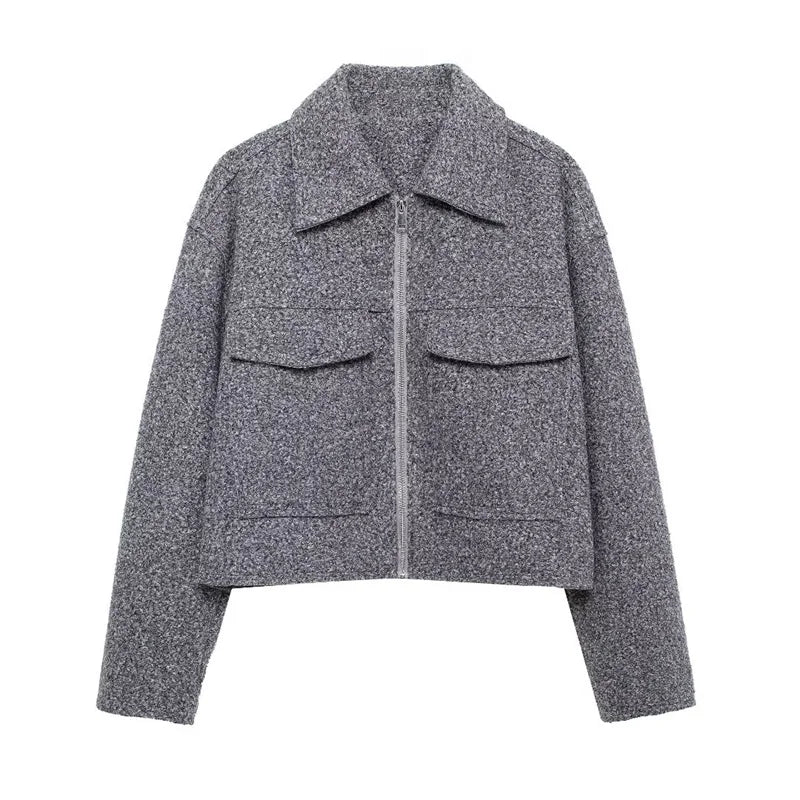 ZATRHMBM Winter Women's Short Jacket Coat 2024 New Fashion Long Sleeve Overcoat Warm Pocket Zipper Lapel Casual Outwear Tops