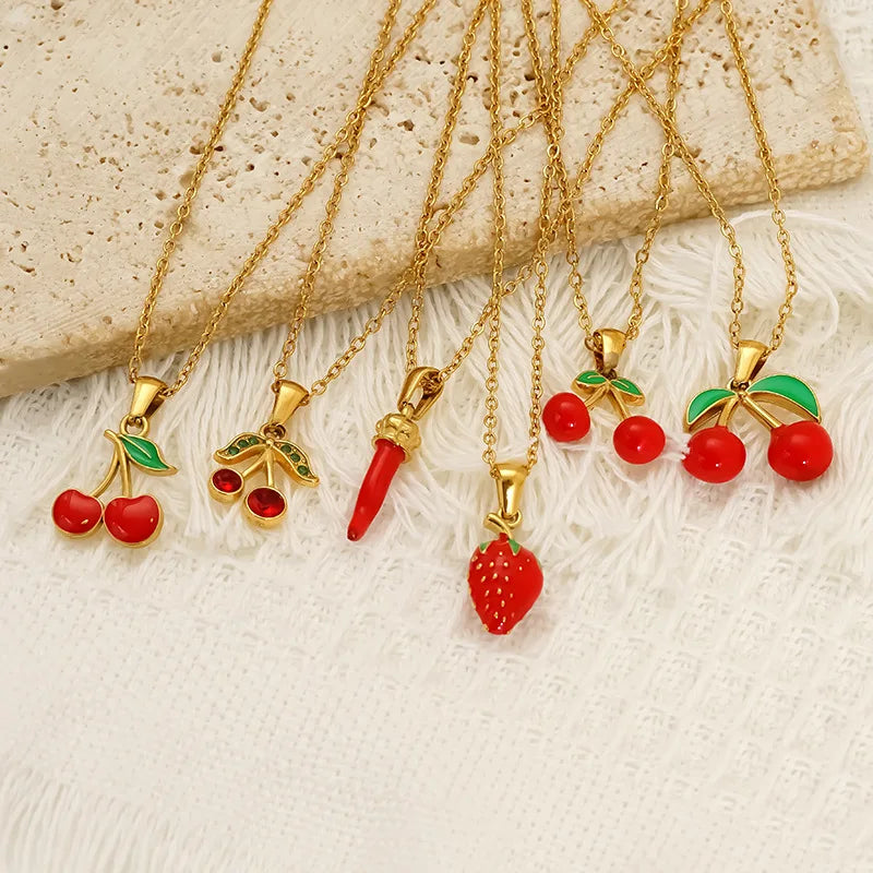 Minimalist Trendy Geometric Fruit Series Multiple Styles Drip Oil Cherry Pendant Necklace Women's Stainless Steel Party Jewelry