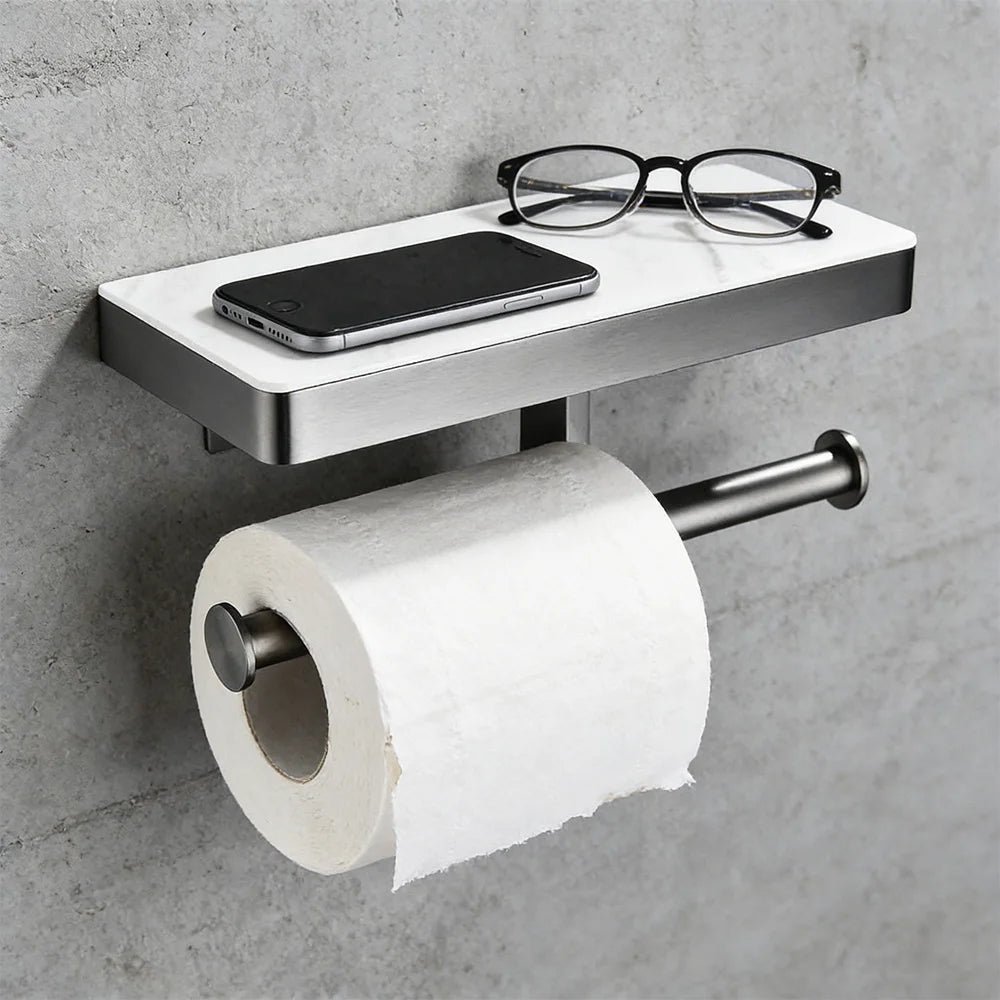 Grey Double Toilet Paper Holder with Phone Shelf Wall Mounted Black Bathroom Accessories Toilet Paper Shelf SUS304