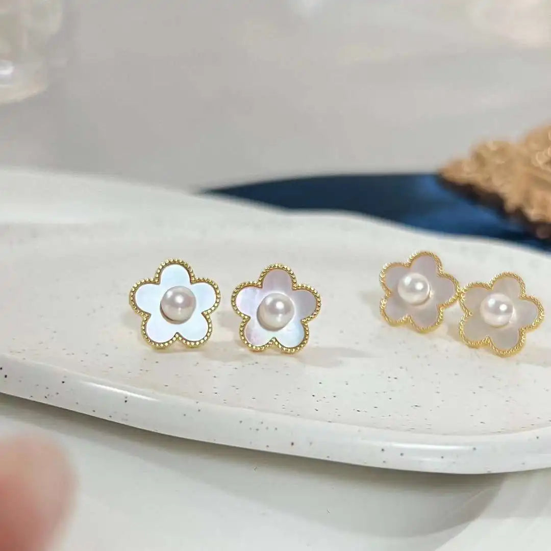 Natural Seawater Shell Inlaid Bread Shape Hypoallergenic Stud Earrings Gold Plated Silver Needle Design 5-6MM AAAA Grade Pearl