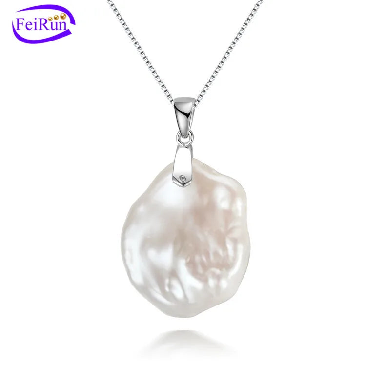 FEIRUN 15-20mm Big Large Keshi 925 Silver White Fresh Water Natural Real Cultured Freshwater Pearl Pendant