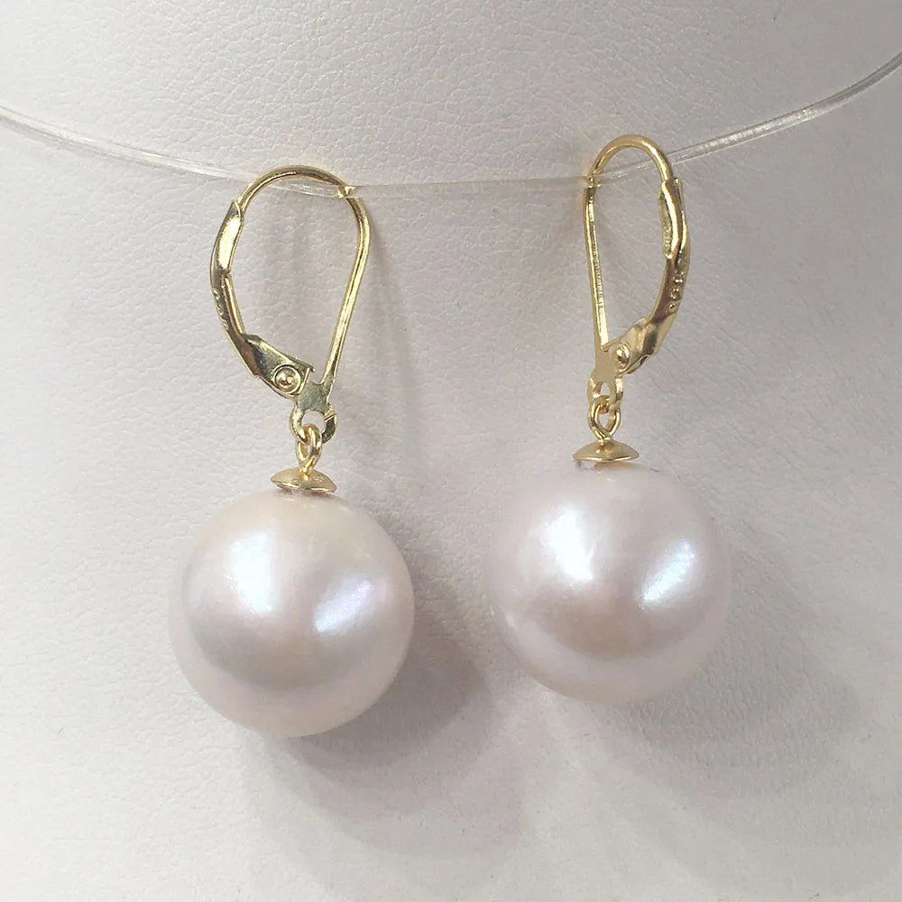 14-15 mm AA Good Quality Nature Freshwater Pearl Earring Full 925 Silver Loop  Nature White Perfect Round Good Luster