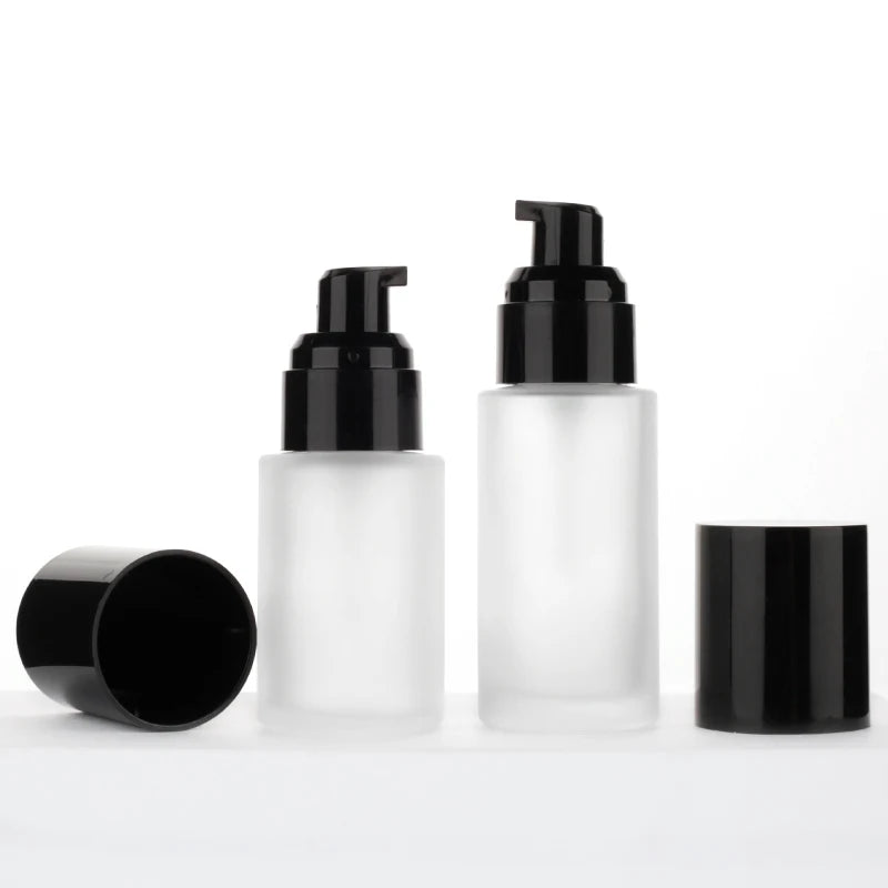 30ml 40ml Frosted Luxury Skincare Glass Cosmetic Packaging Face Lotion Bottle Cylinder Flat Shoulder with Black Lotion Pump