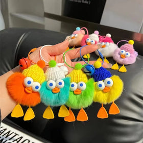 Cute Real Rex Rabbit Fur Duckling Car Key Chain Pendant Plush Doll Small Coal Ball Bag Pendant