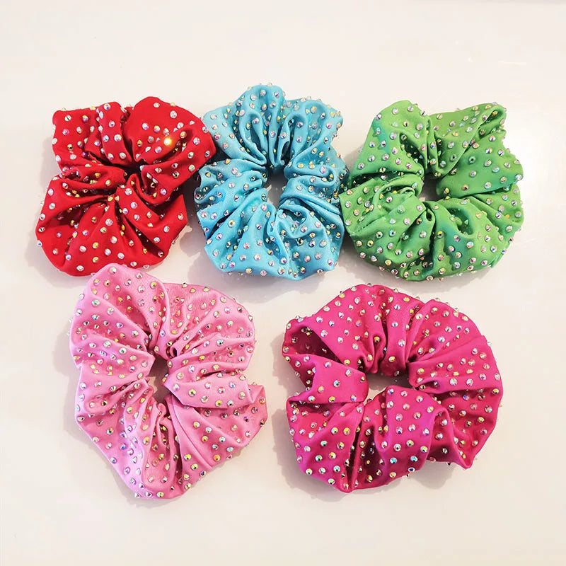 Custom Design Printing Colors Gymnastic Hair Accessories Pink Green Sparkly Rhinestone Dance Scrunchies