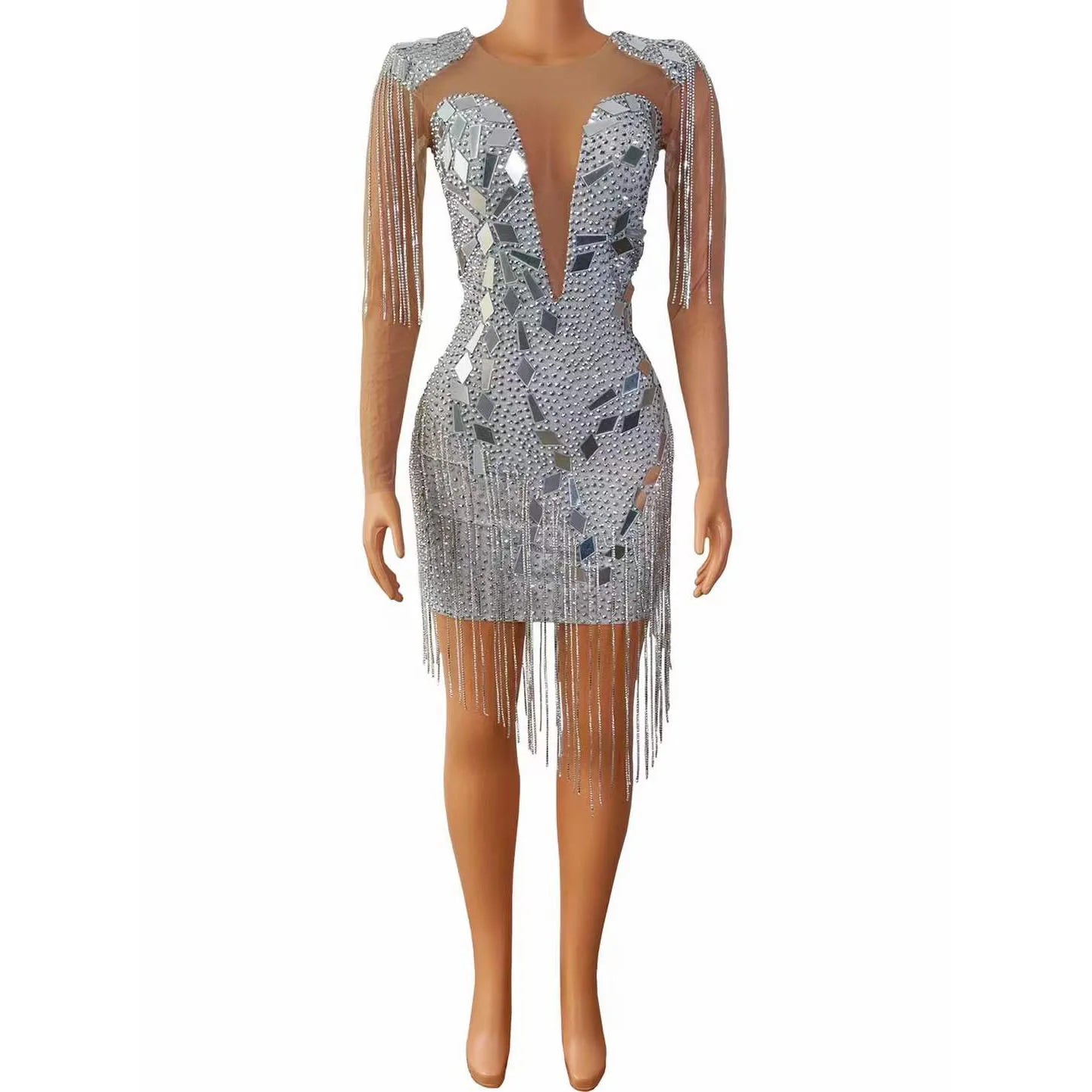 Mirror Luxury Evening Costume Sequin Tassel Long Sleeve Patchwork Rhinestone Party Mini Glitter Women Club Dresses