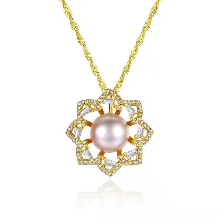 PAG&MAG Natural Pearl and Diamond Necklace Charms 925 Sterling Silver Jewelry Flower Natural Freshwater Pearl Necklace