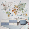 Cartoon Animal World Map Wall Stickers for School Early Education Decor PVC Material for Classroom Decoration