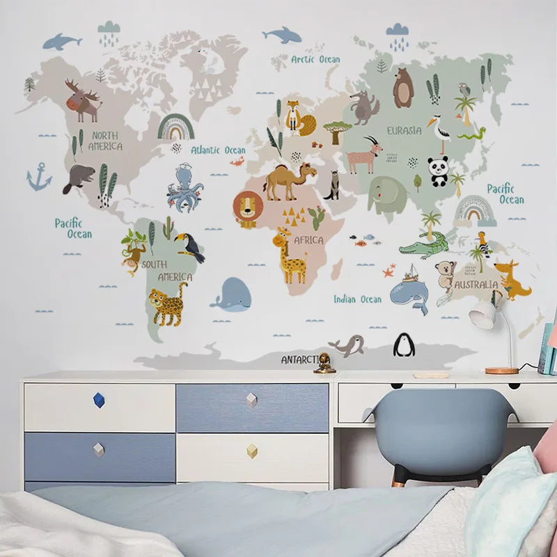Cartoon Animal World Map Wall Stickers for School Early Education Decor PVC Material for Classroom Decoration