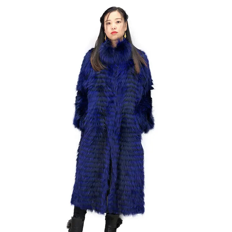 Wholesale One-piece Customization Silver Fox Fur Stand Collar Long Stripe Cut Women's Real Fur Coat Cotton High Street Style