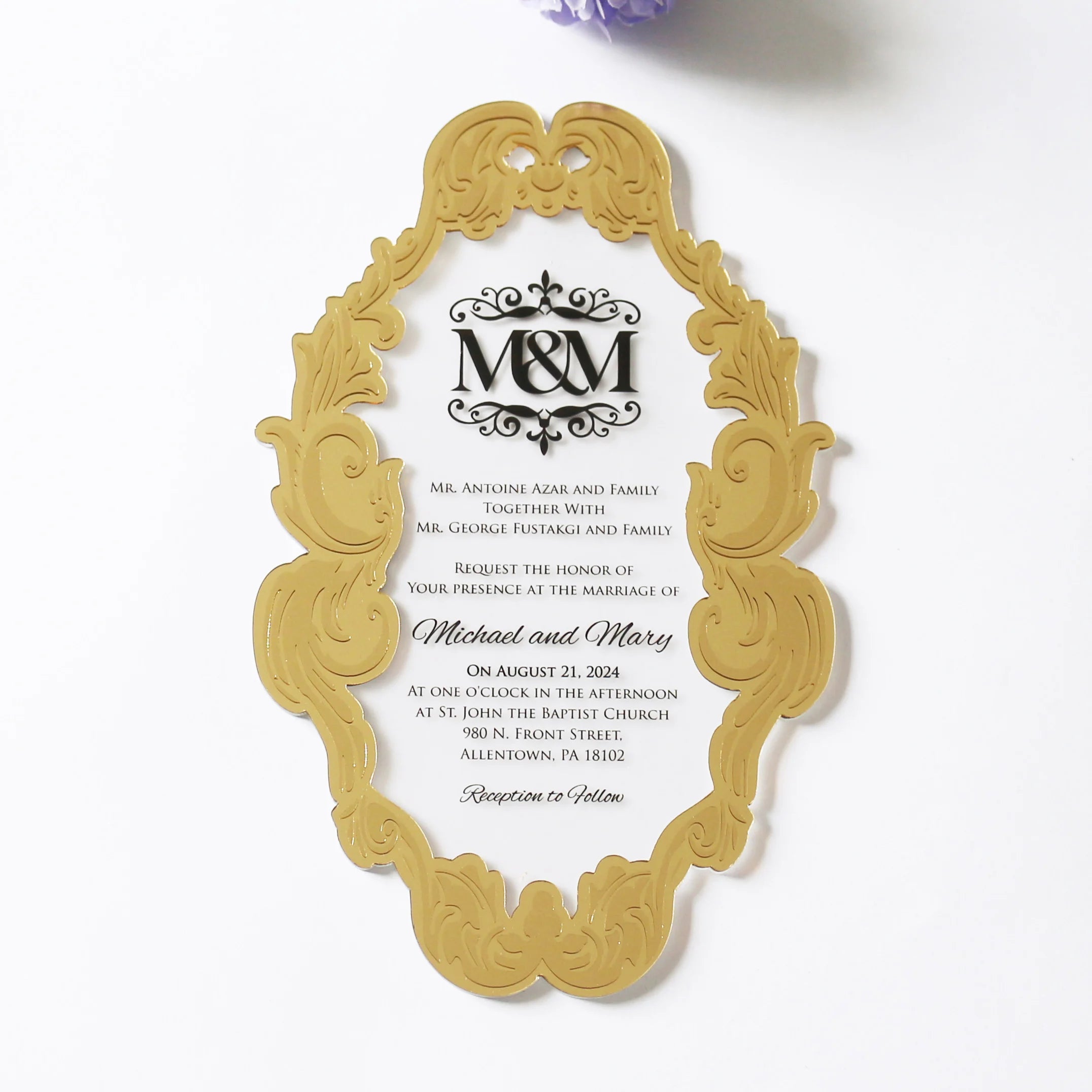 Fashionable Transparent Acrylic Birthday Party Invitation Card Wedding Menu Card Printed Text and Gold Frame