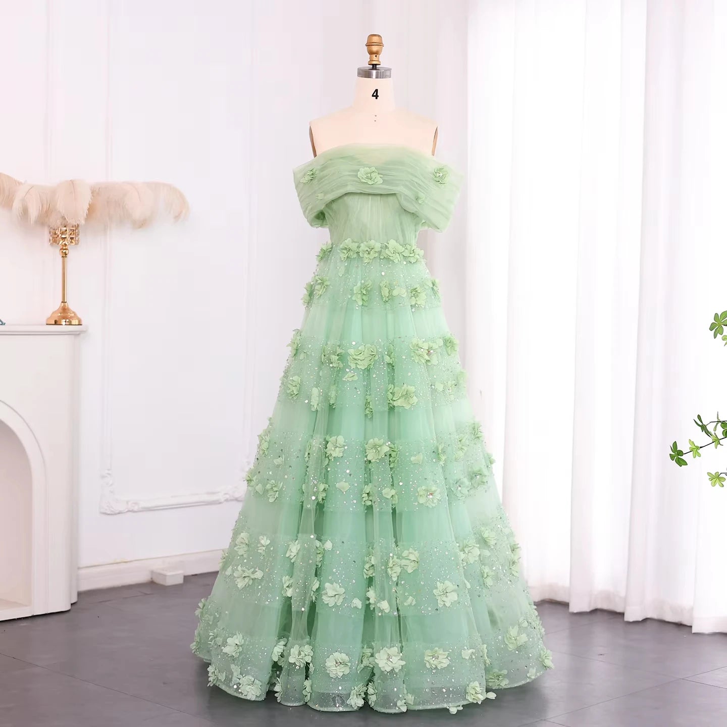 Jancember LSZ346 Elegant Sage Green 3d Flower A-line Evening Prom Dubai Dress