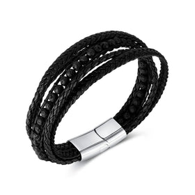 Luxury Natural Lava Stone Beaded Stainless Steel Magnetic Clasp Multilayer Braided Leather Wrap Mens Jewelry Bracelet
