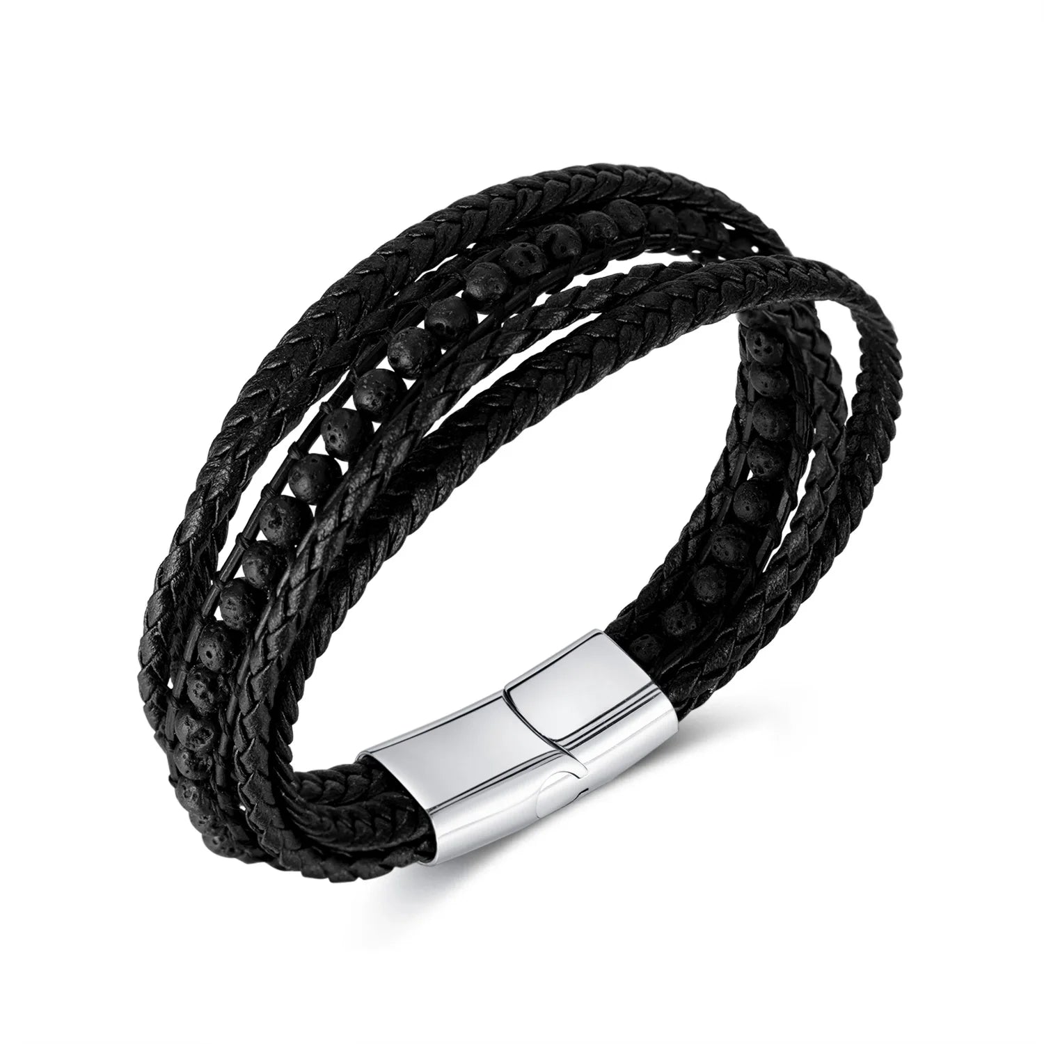 Luxury Natural Lava Stone Beaded Stainless Steel Magnetic Clasp Multilayer Braided Leather Wrap Mens Jewelry Bracelet