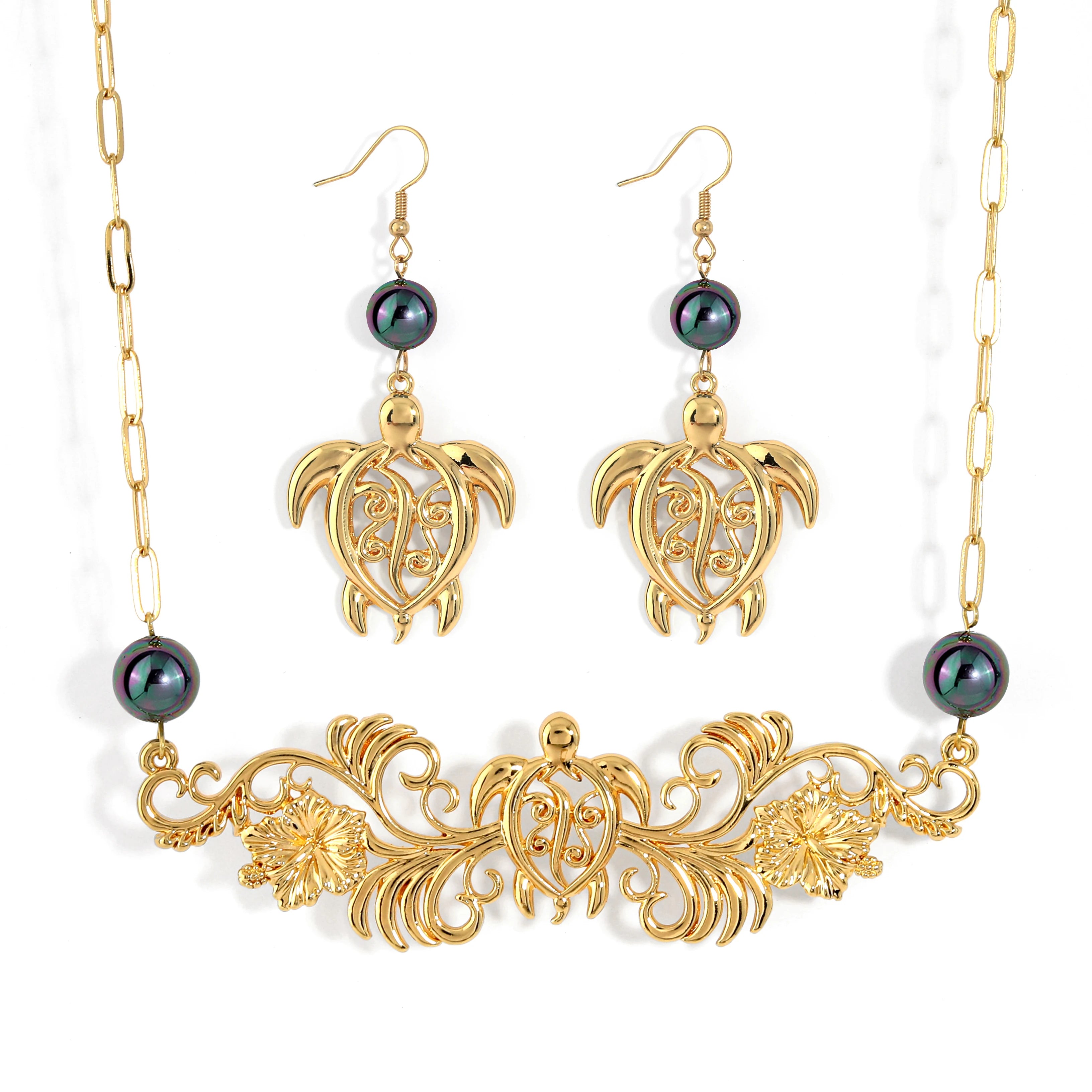 Hawaiian Jewelry Wholesale Hot Hawaiian Gold Plated Turtle Shell Pearl Set Alloy Necklace Sets for Women Girls Gift