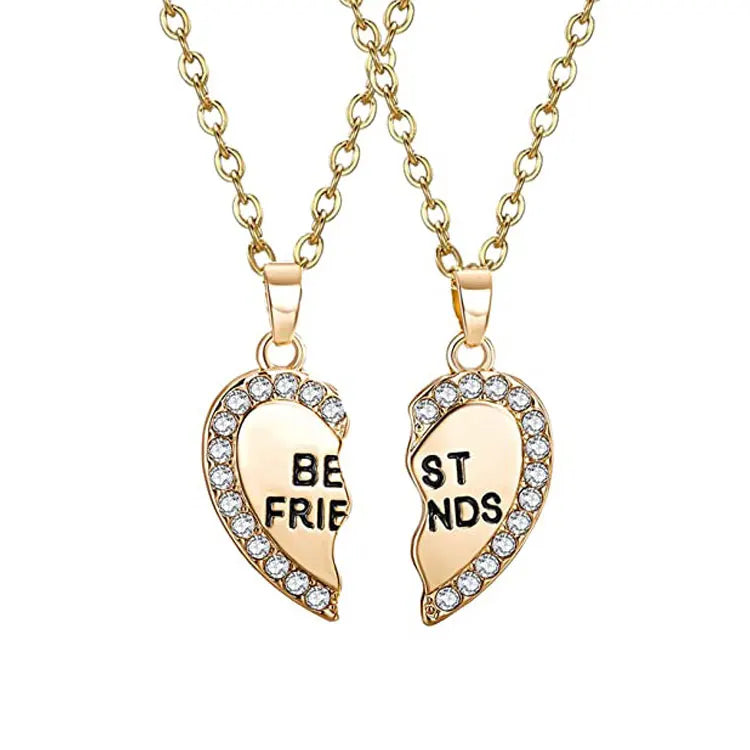 SC Hot Selling 2 Pcs Letter Best Friends Necklace BFF Broken Heart Necklace Dainty Inlaid Diamond Heart Friendship Necklaces