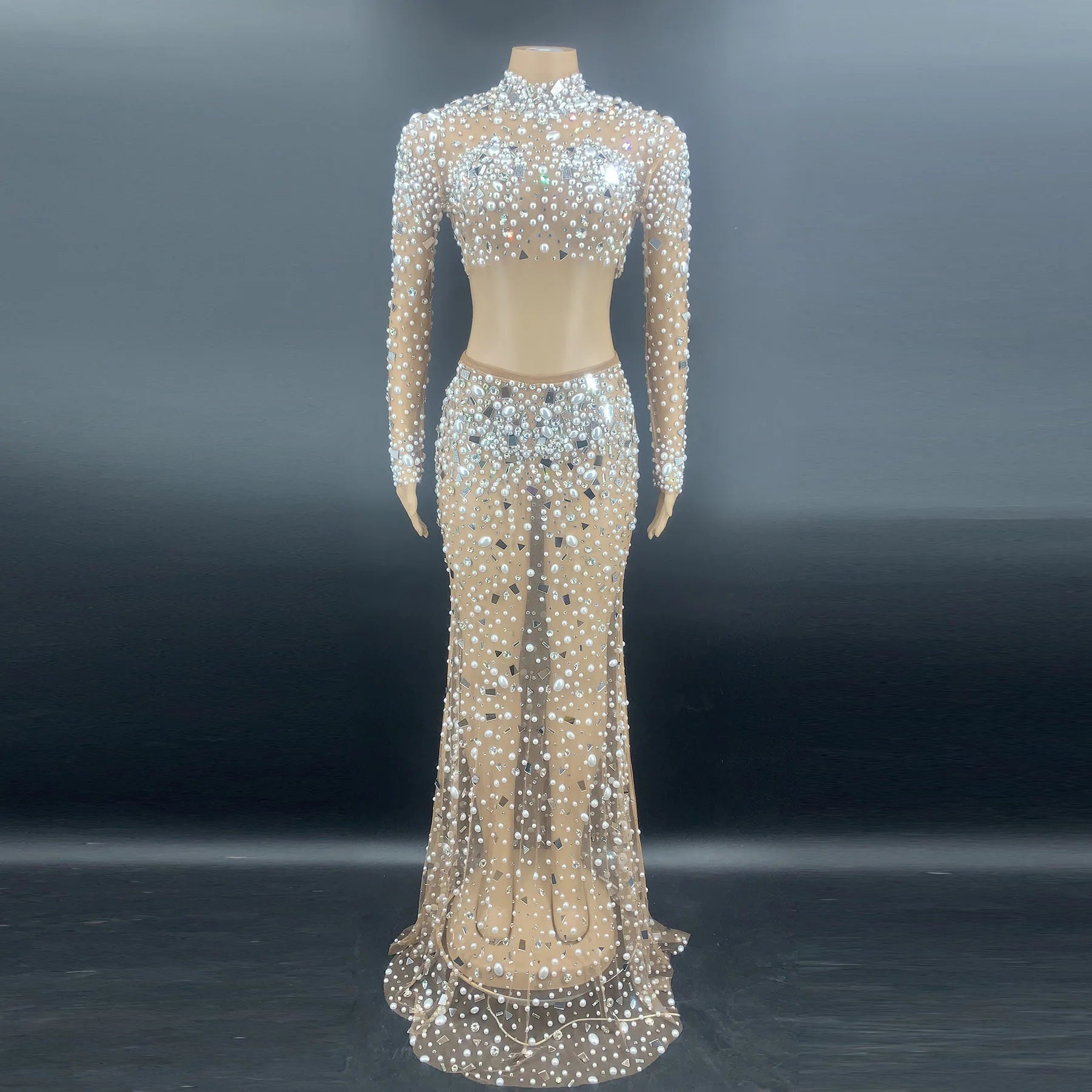 C Two Piece Set Sexy Evening Dress With Crystal Sparkly Rhinestone Pearls Gowns for Women Prom