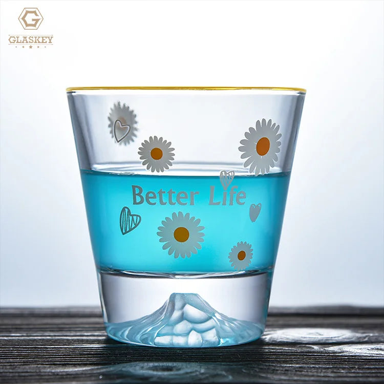 Factory Directly Customized Low Temperature Sticker Water Cup 250ml Mount Fuji Whisky Glasses Gold-Rim Whiskey Beer Glasses Bar