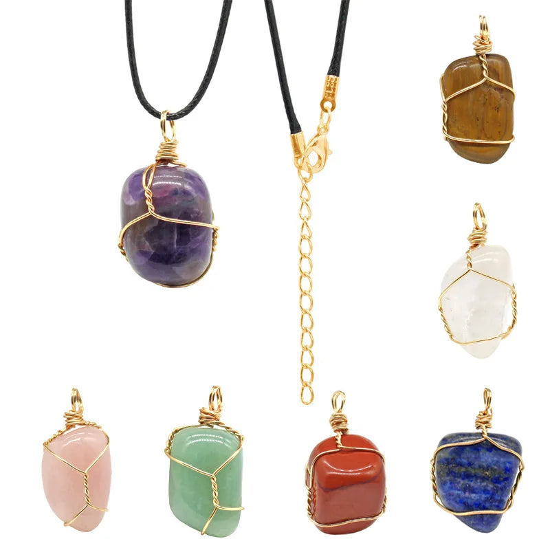 Irregular Stone Wire Wrapped Crescent Pendant Necklace Reiki Healing Crystal Stone Necklaces Natural Gemstone Quartz Jewelry