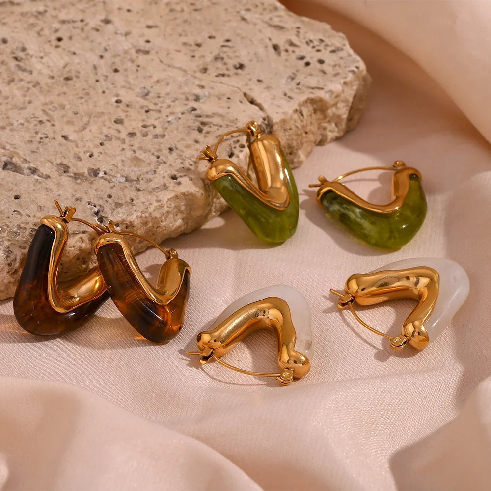 18k Jewelry Stainless Steel Hypoallergenic Earrings Amber Green White Triangle Colorful Acrylic V Shape Earring
