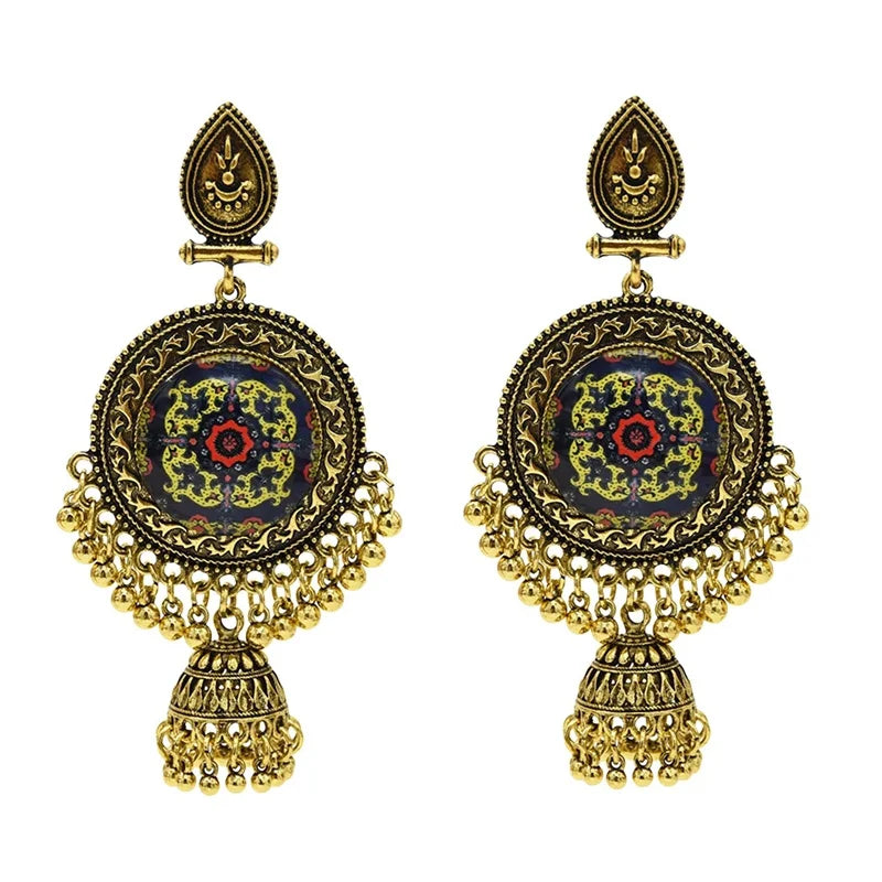 2024 Wholesale Vintage Boho Burnish Gold Silver Retro Long Dangling Indian Style Beads Bell Vintage Stud Earrings for WOmen
