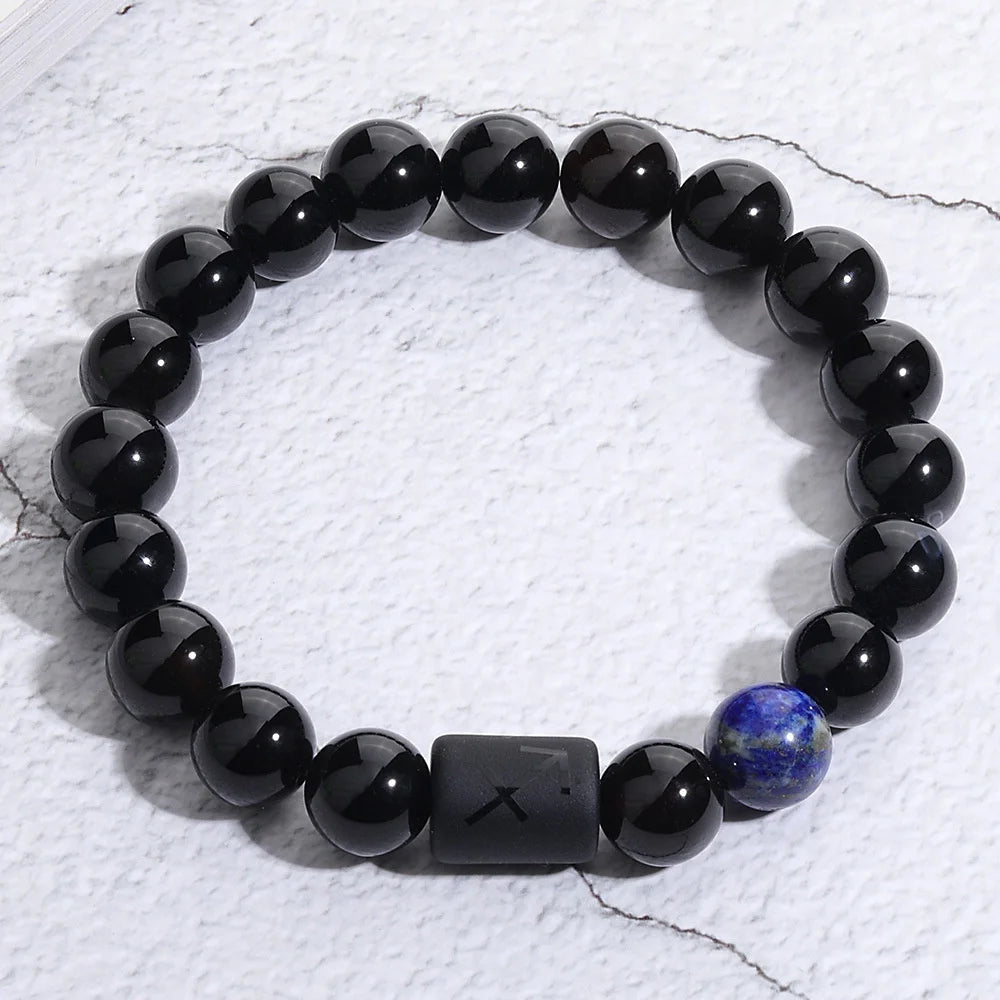 Unisex 10mm Natural Black Obsidian Cylindrical Beads 12 Zodiac Friendship Bracelet with Ball Pattern Trendy Stretch Jewelry