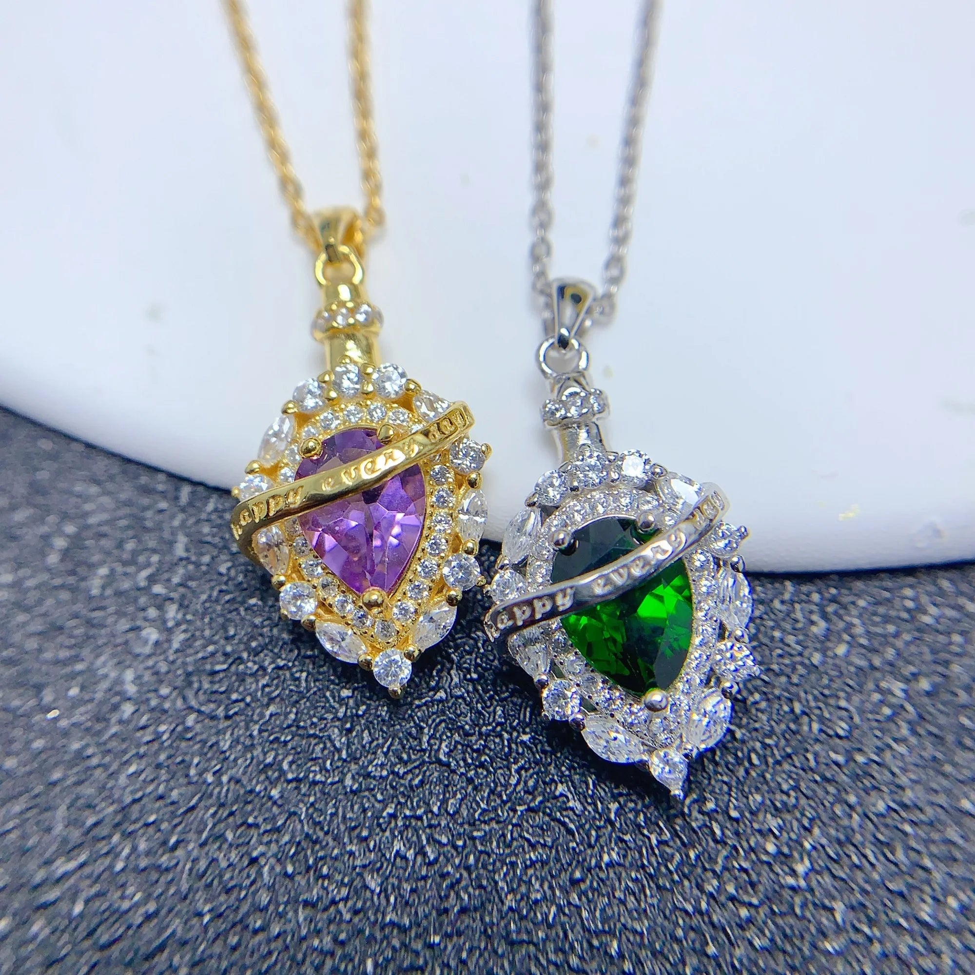 Factory Supply Double 925 Silver 18k Gold Plated Natural Amethyst Diopside Heart Shaped Necklace for Women