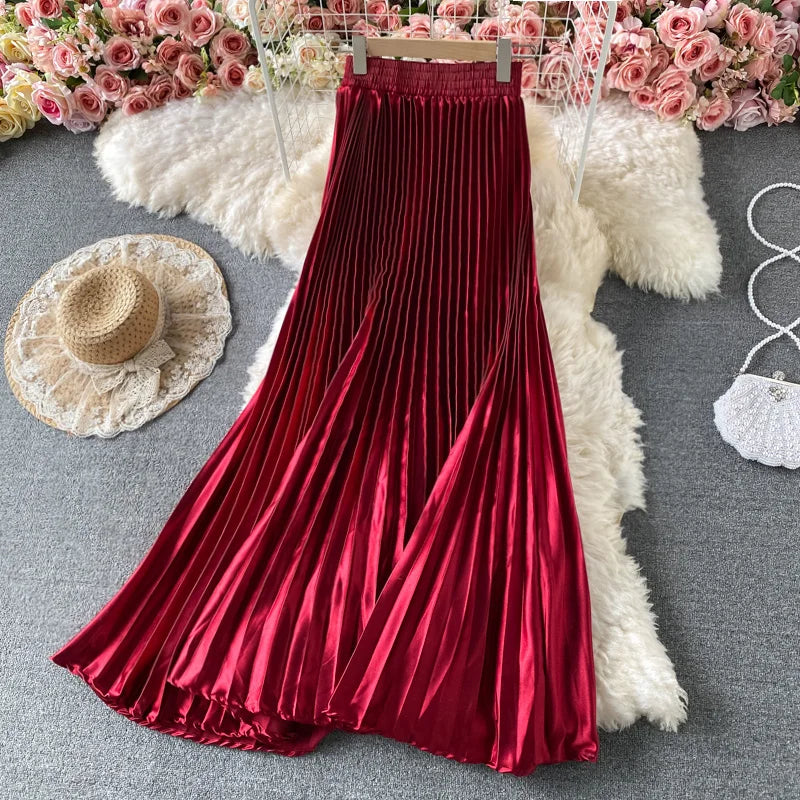 Wholesale 2026 Spring Mid-length Pleated Skirt High Waist Slim A-line Skirt Korean Satin Organ Pleated Draped Large Swing Skirt