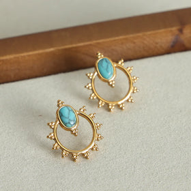 Vintage Geometric Sunflower Hollow Natural Turquoise Stone Earrings Hypoallergenic Stainless Steel Gold Plated Stud Earrings