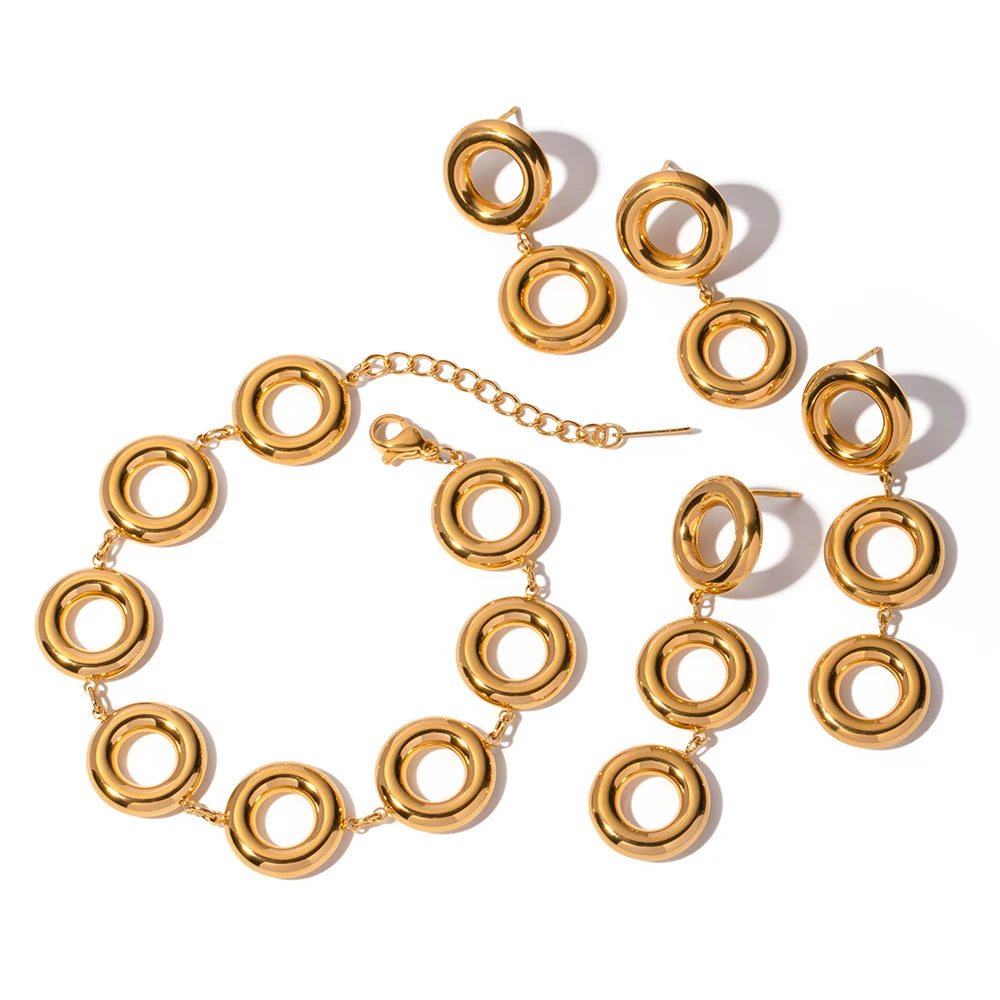 J&D Chunky Hoops Pendant Earring Bracelet Geometric 18K Gold Plated Stainless Steel Drop Earring for Women