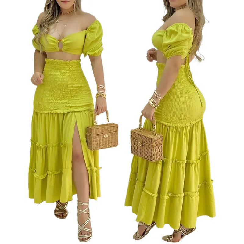 Solid Color Short Sleeve Dress Suit Ladies Two Piece Casual Long Skirt New Fashion New Women's Sweet Summer Vintage Polyester