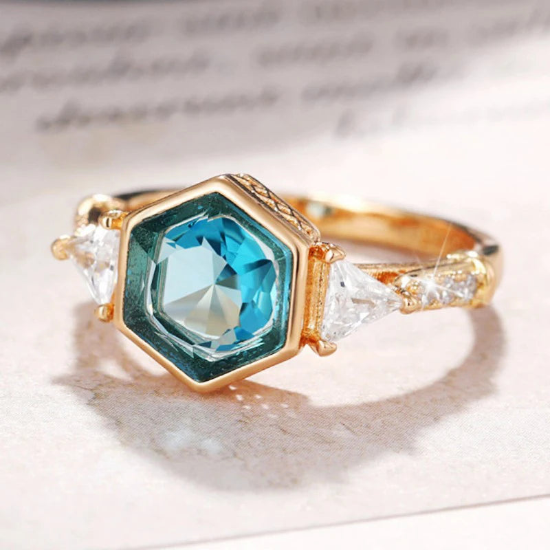 CAOSHI Minimalist Style Geometric Rhombus Design Blue Crystal Zircon Finger Rings for Women Fashion Gold Plated CZ Wedding Rings