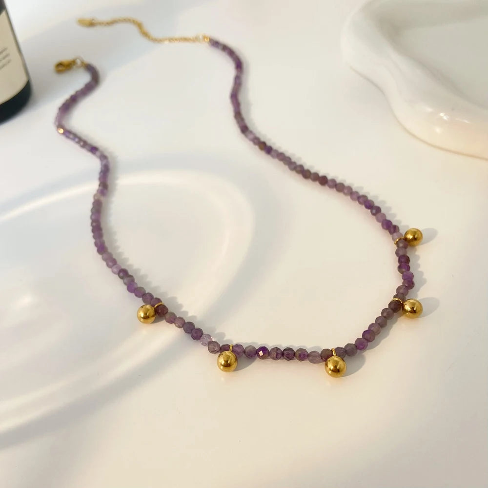 New Vintage Natural Cutting Stone Handmade Beaded Necklace Fashion Jewelry Stainless Steel Beads and Collar Chain