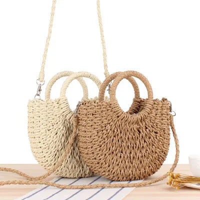 Handmade Woven Rattan Straw Crossbody Bag for Women Summer Beach Messenger with Three Straps Casual Tote Shape Canvas Lining