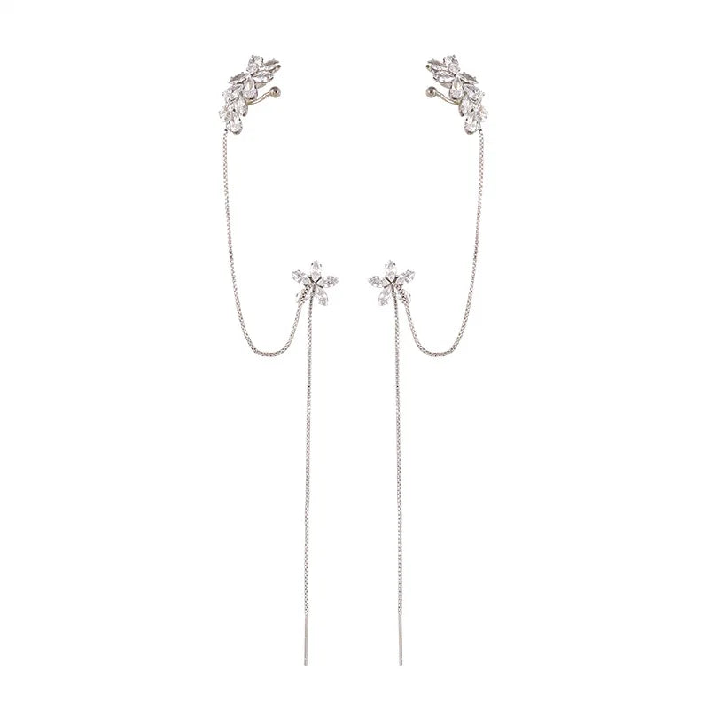 G1389 New Fashion Women Ear Bone Clip Flower Star Zircon Long Tassel Cuff Earrings Jewelry Personality Crystal Earring Ear Studs