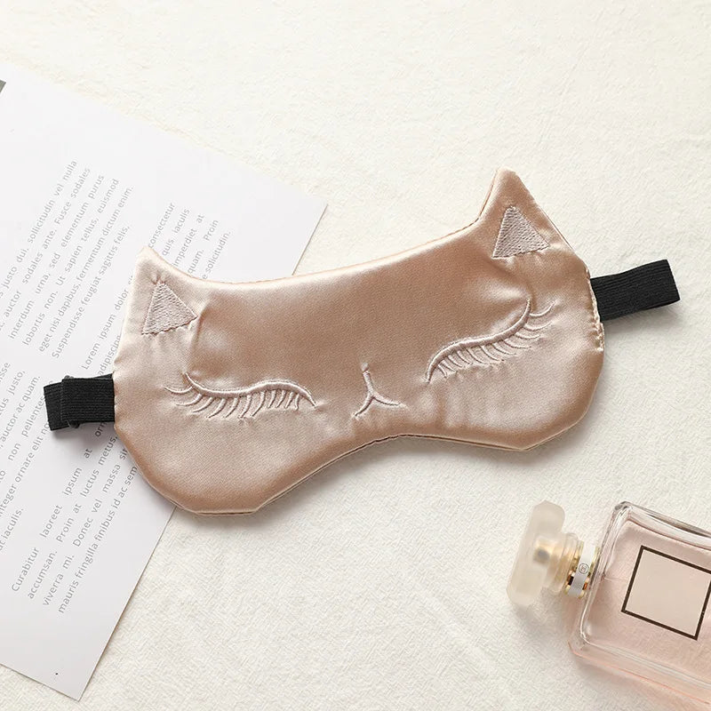 Cute Cat Satin Silky Sleeping Eye Mask Adjustable Eyeshade Comfortable Lightweight Cartoon Satin Eye Cover Mask for Girl Women
