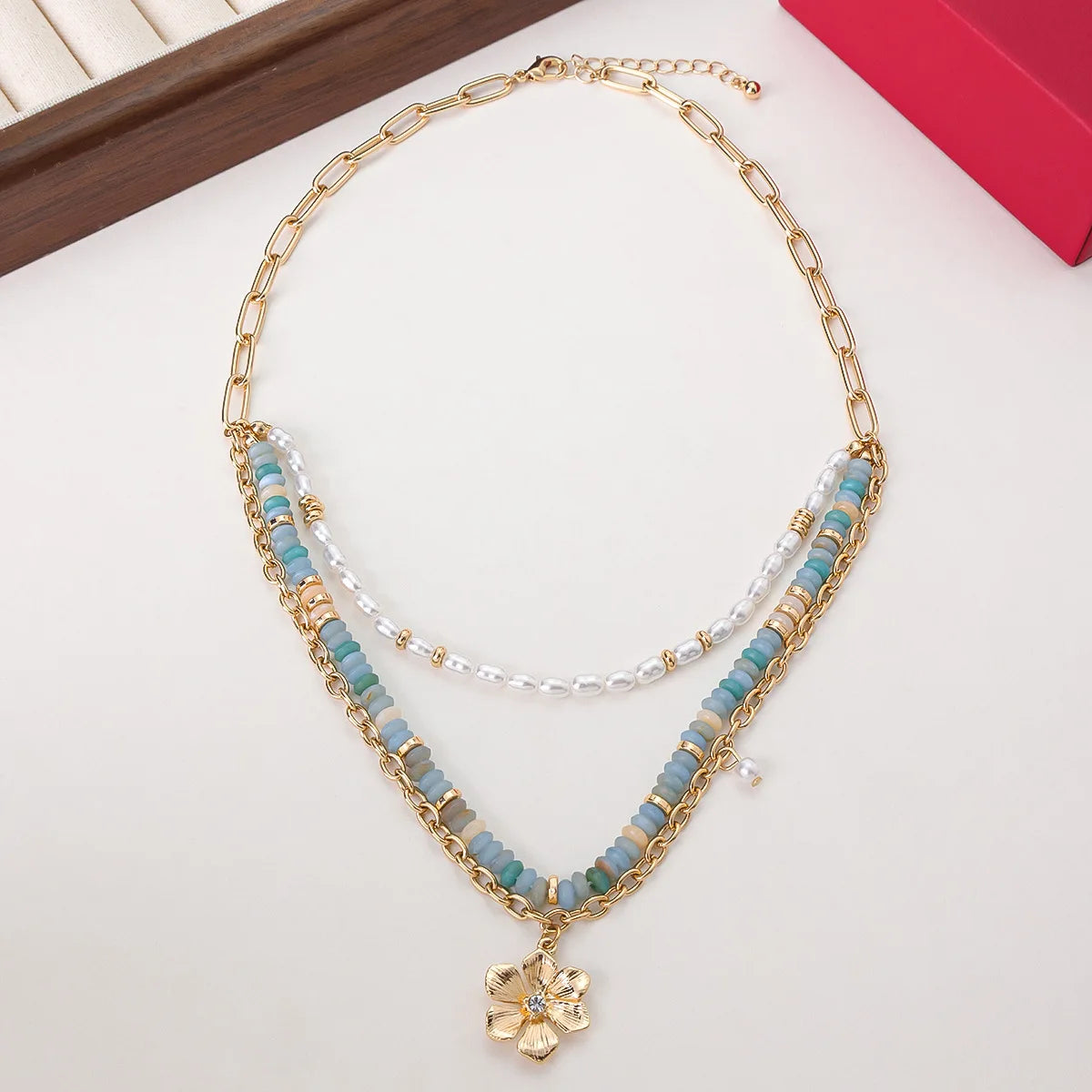 Cross-Border Luxury Beaded Color Necklace with Diamond Original Overlapping Flower Pendant Clavicle Chain for Vacation Wedding