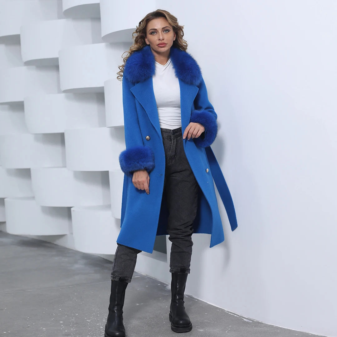 Fashion Colorful Elegant Hot Sell Real Fox Fur Trim Wool Trench Coat Women