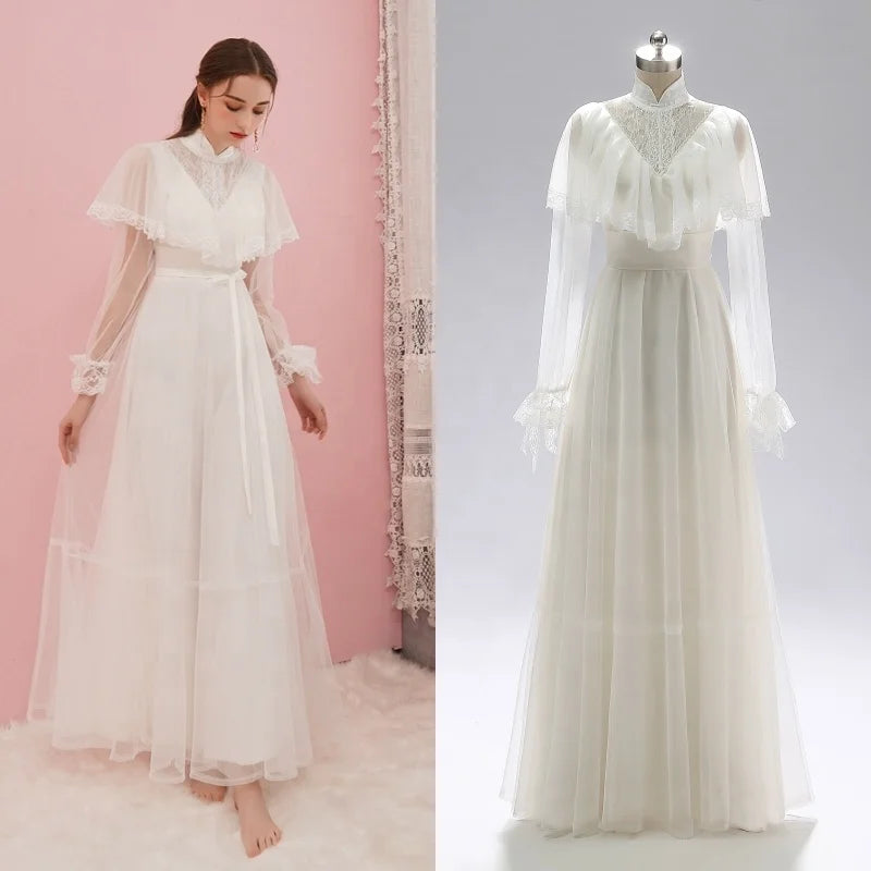 #3006 Real Photos Victorian Vintage Simple Long Sleeve Ankle Length Elegant Outdoor Photography Bridal Gowns Wedding Dress